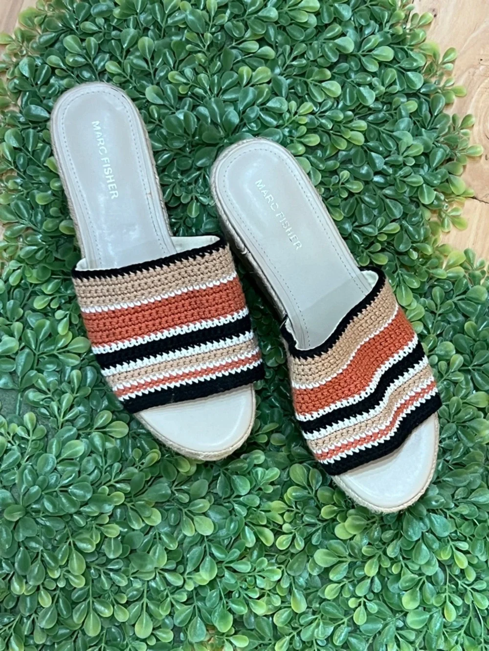 Marc Fisher Striped Woven Platform Slide Sandals - Tan/Black/White/Rust